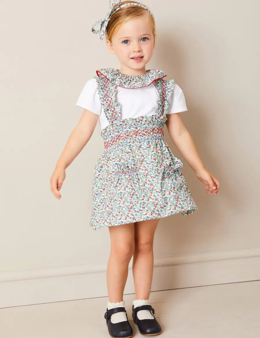 Evelyn Floral Smocked Detail Skirt With Braces in Red (18mths-6yrs) SKIRTS from Pepa London