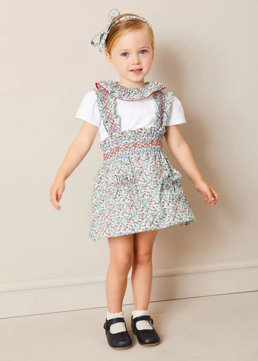 Evelyn Floral Smocked Detail Skirt With Braces in Red (18mths-6yrs) SKIRTS from Pepa London