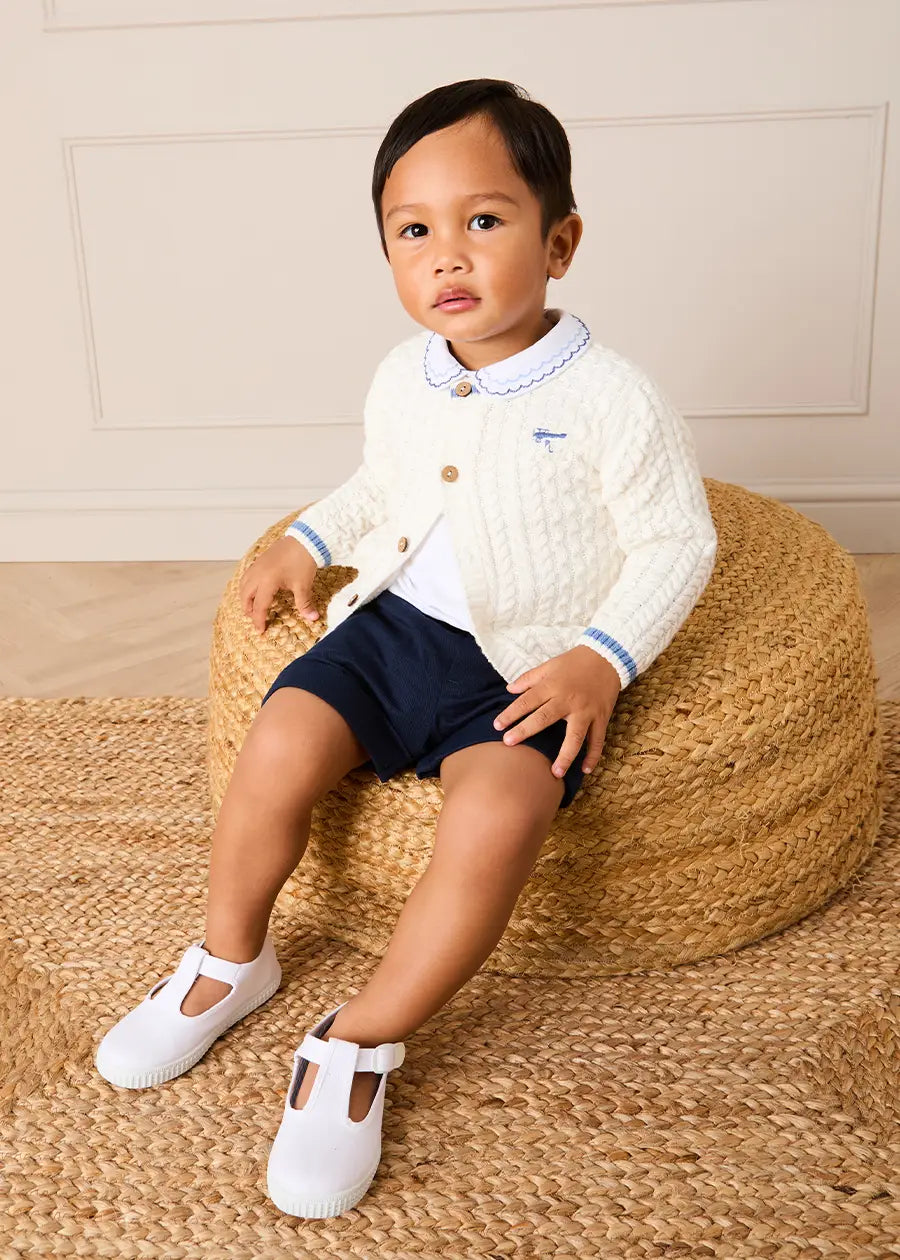 Plane Embroidered Cable Knit Cardigan in Cream (12mths-6yrs) Knitwear from Pepa London