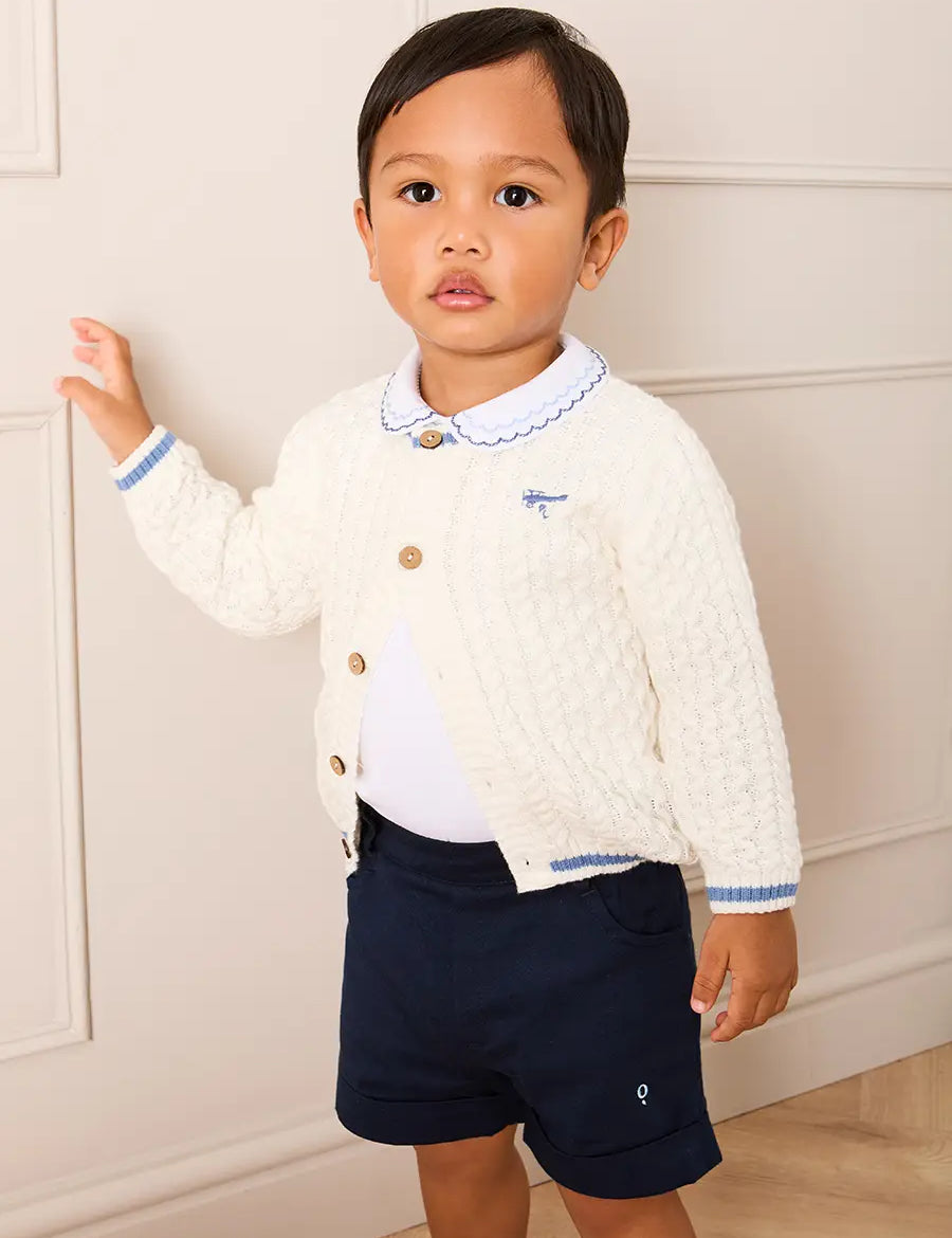 Plane Embroidered Cable Knit Cardigan in Cream (12mths-6yrs) Knitwear from Pepa London
