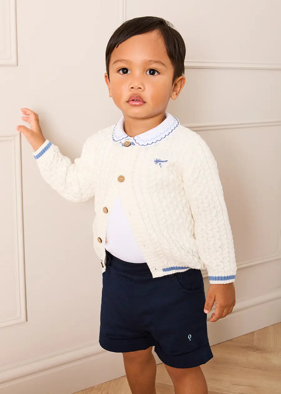 Plane Embroidered Cable Knit Cardigan in Cream (12mths-6yrs) Knitwear from Pepa London