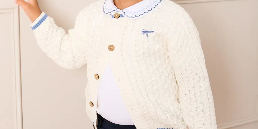 Plane Embroidered Cable Knit Cardigan in Cream (12mths-6yrs) KNITWEAR from Pepa London