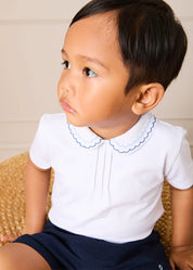 Scallop Embroidered Peter Pan Collar Pleated Top in White (12mths-6yrs) Tops & Bodysuits from Pepa London