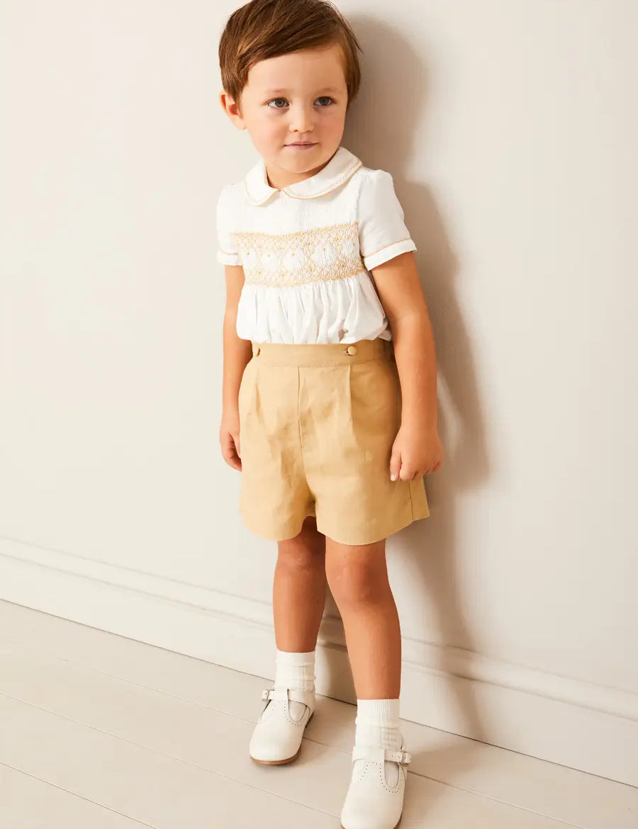 Hand Smocked Peter Pan Collar Short Sleeve Two Piece Set in Beige (18mths-6yrs) TWO PIECE SETS from Pepa London