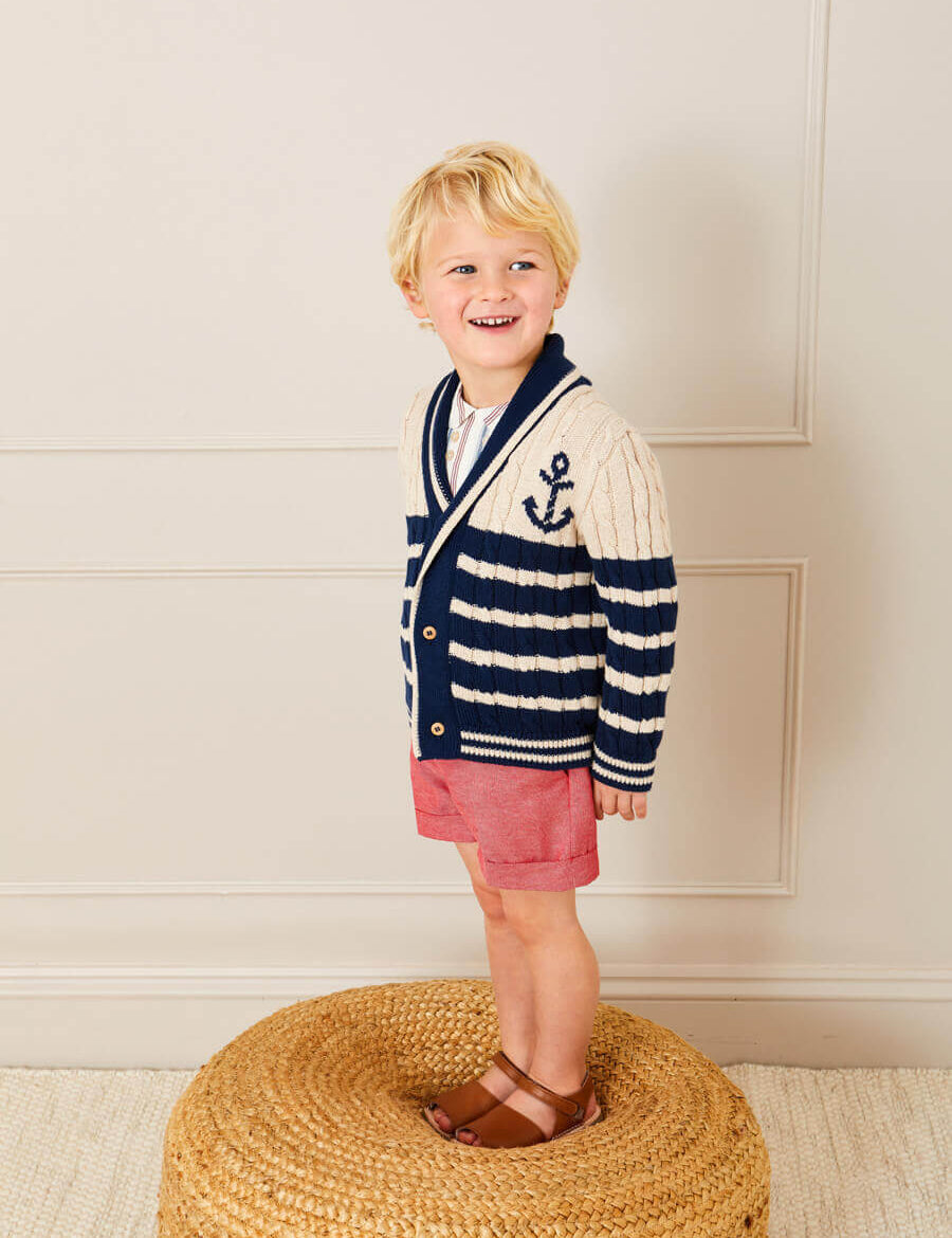 Anchor Motif Striped Cable Knit Cardigan in Navy (2-10yrs) Knitwear  from Pepa London