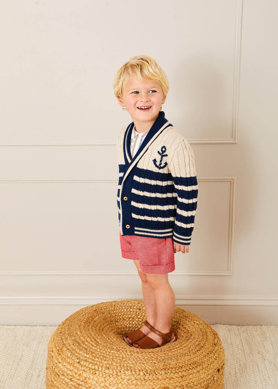 Anchor Motif Striped Cable Knit Cardigan in Navy (2-10yrs) Knitwear  from Pepa London
