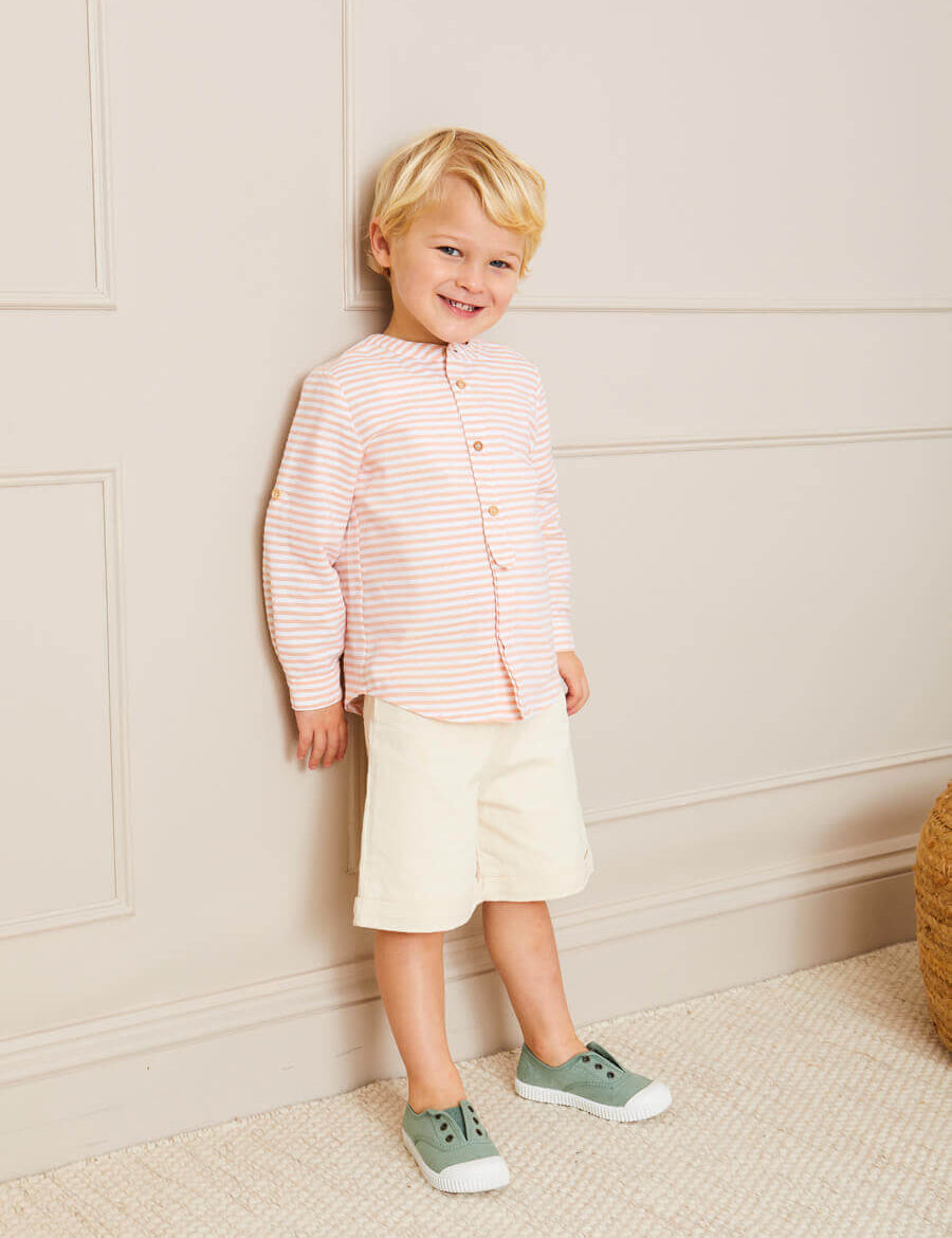 Striped Mao Collar Long Sleeve Shirt in Tangerine (2-10yrs) Shirts  from Pepa London
