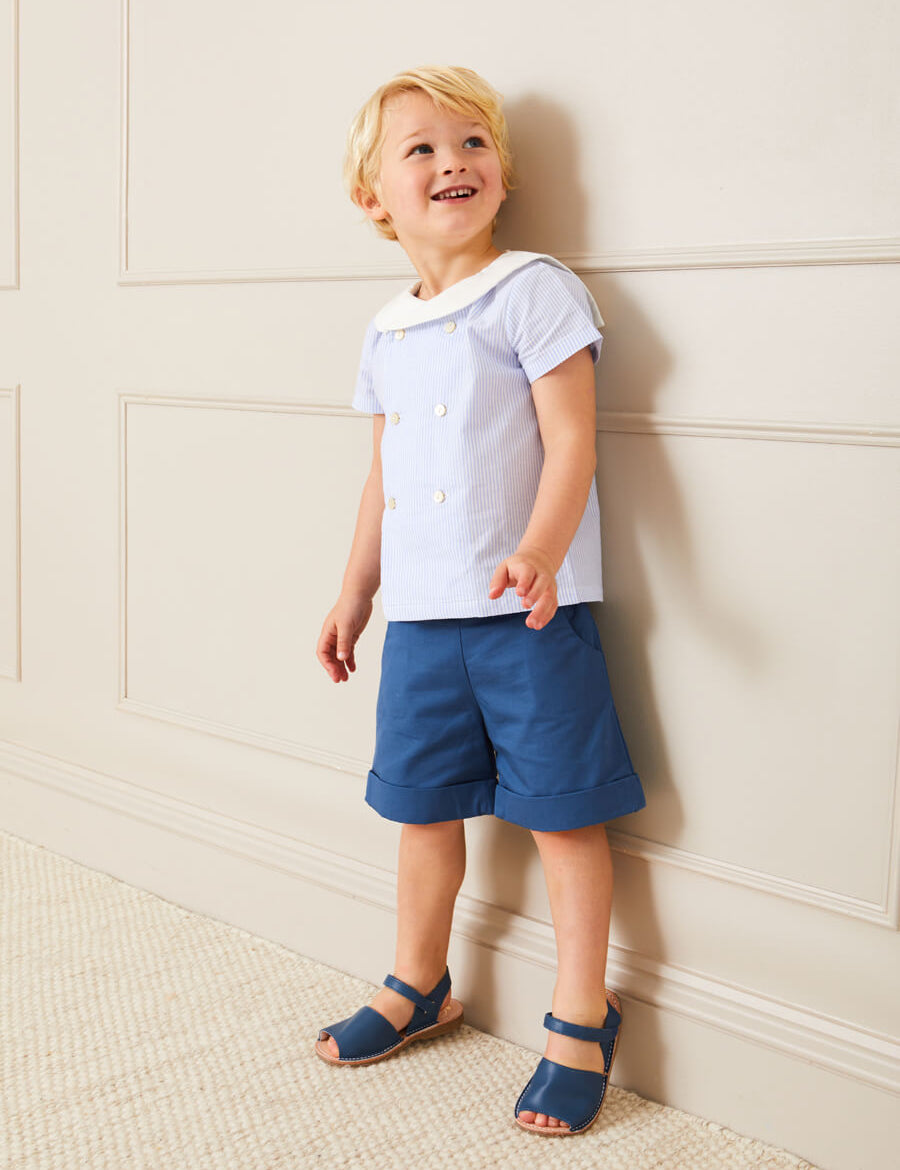 Striped Double Breasted Short Sleeve Shirt in Blue (12mths-4yrs) Shirts  from Pepa London