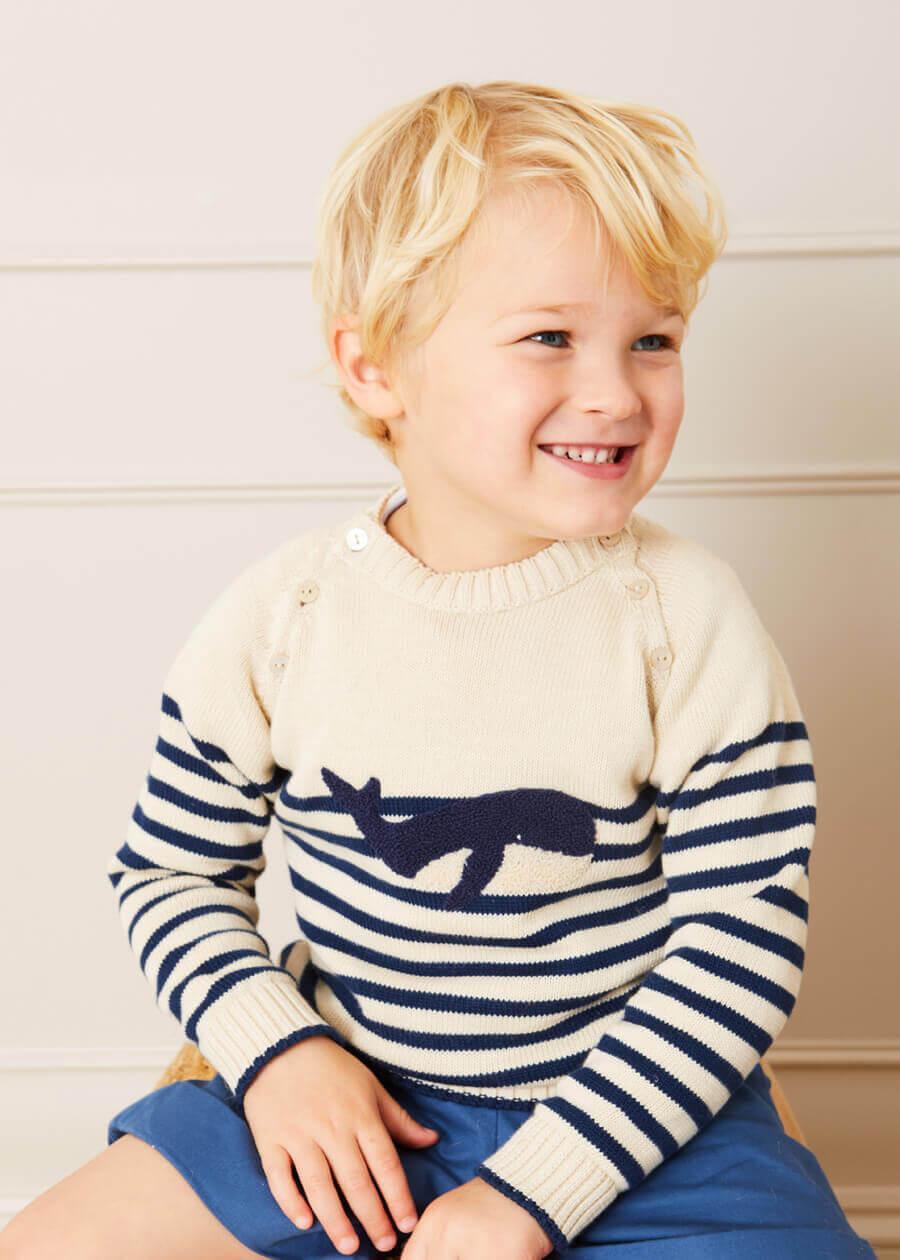 Whale Intarsia Striped Jumper in Blue (6mths-10yrs) Knitwear from Pepa London