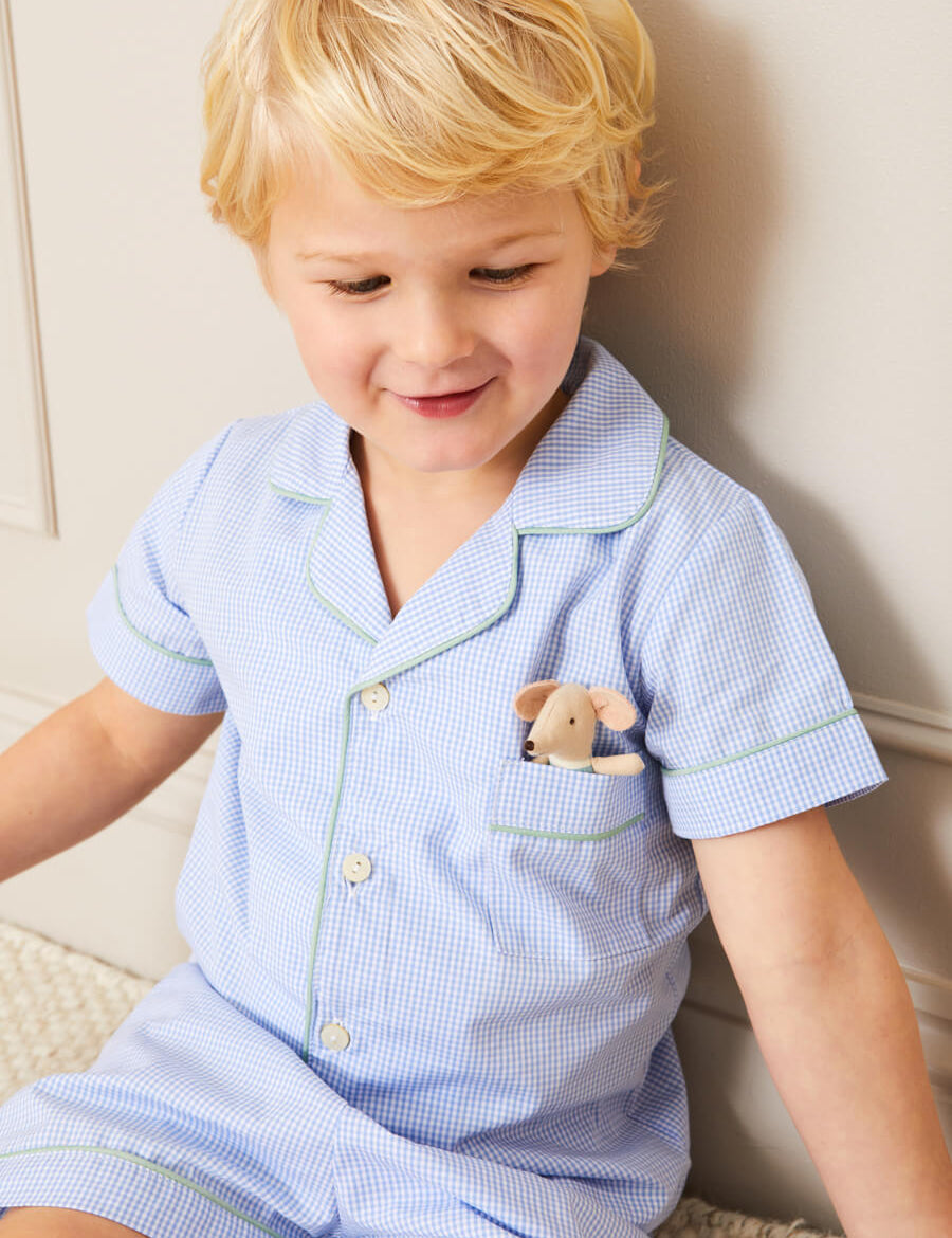 Gingham Contrast Piping Short Sleeve Pyjama Set in Blue (18mths-10yrs) Nightwear  from Pepa London