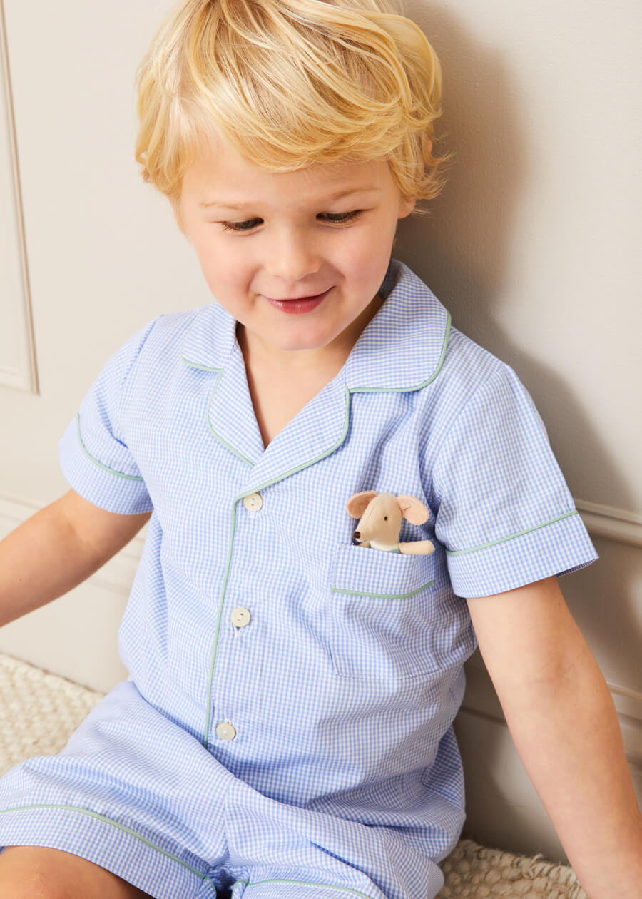 Gingham Contrast Piping Short Sleeve Pyjama Set in Blue (18mths-10yrs) Nightwear  from Pepa London