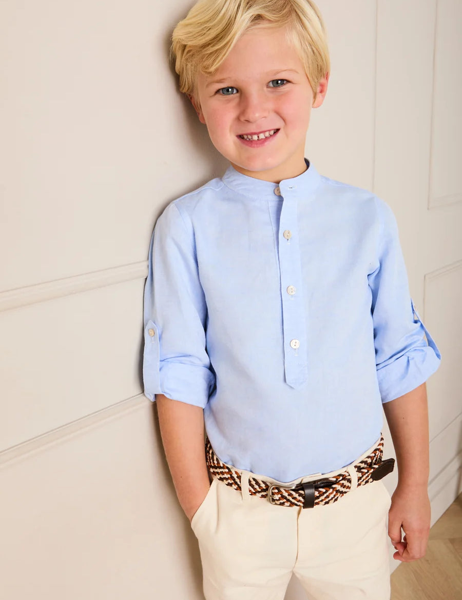 Mao Collar Linen Blend Shirt in Blue (18mths- 10yrs) Shirts from Pepa London