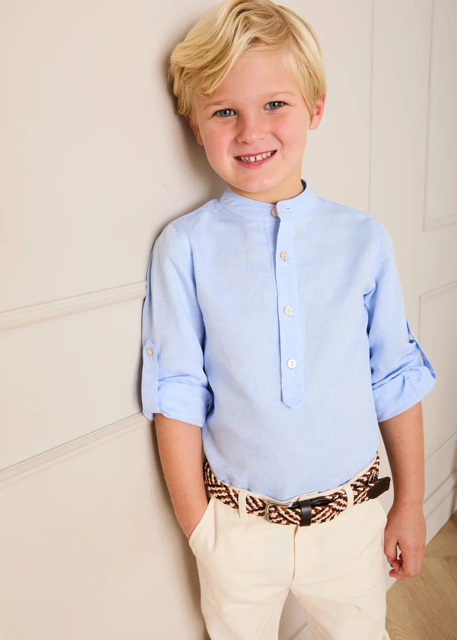 Mao Collar Linen Blend Shirt in Blue (18mths- 10yrs) Shirts from Pepa London