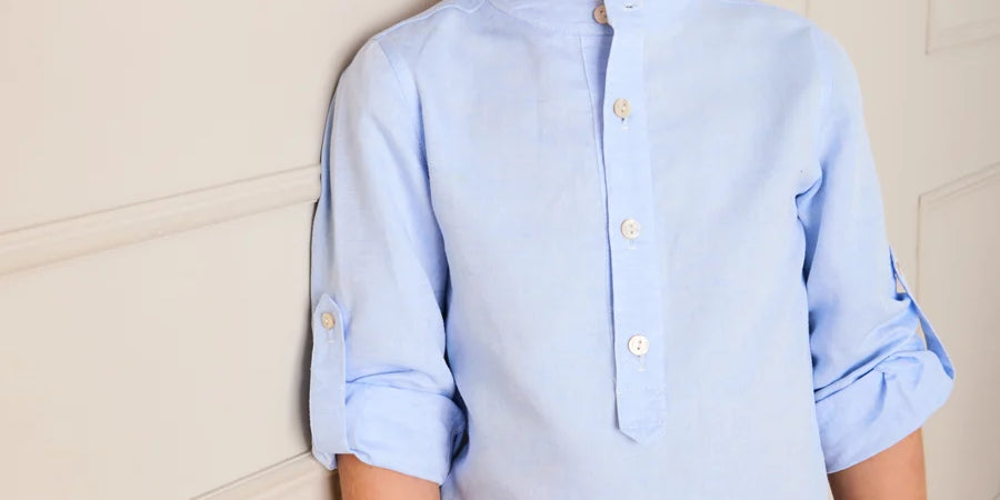Mao Collar Linen Blend Shirt in Blue (18mths- 10yrs) Shirts from Pepa London
