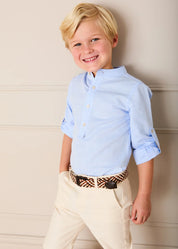 Mao Collar Linen Blend Shirt in Blue (18mths- 10yrs) Shirts from Pepa London