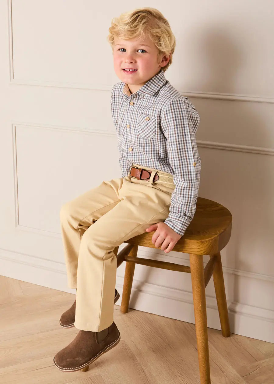 Cadogan Houndstooth Polo Collar Long Sleeve Shirt in Beige (3-10yrs) Shirts from Pepa London