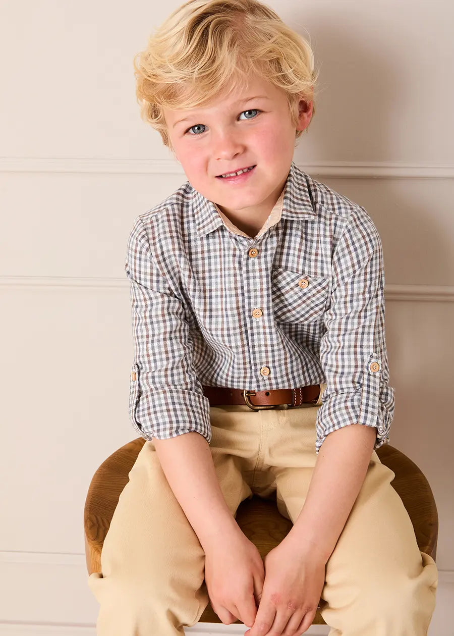 Cadogan Houndstooth Polo Collar Long Sleeve Shirt in Beige (3-10yrs) Shirts from Pepa London