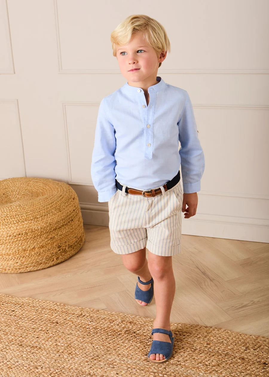 Mao Collar Linen Blend Shirt in Blue (18mths- 10yrs) Shirts from Pepa London