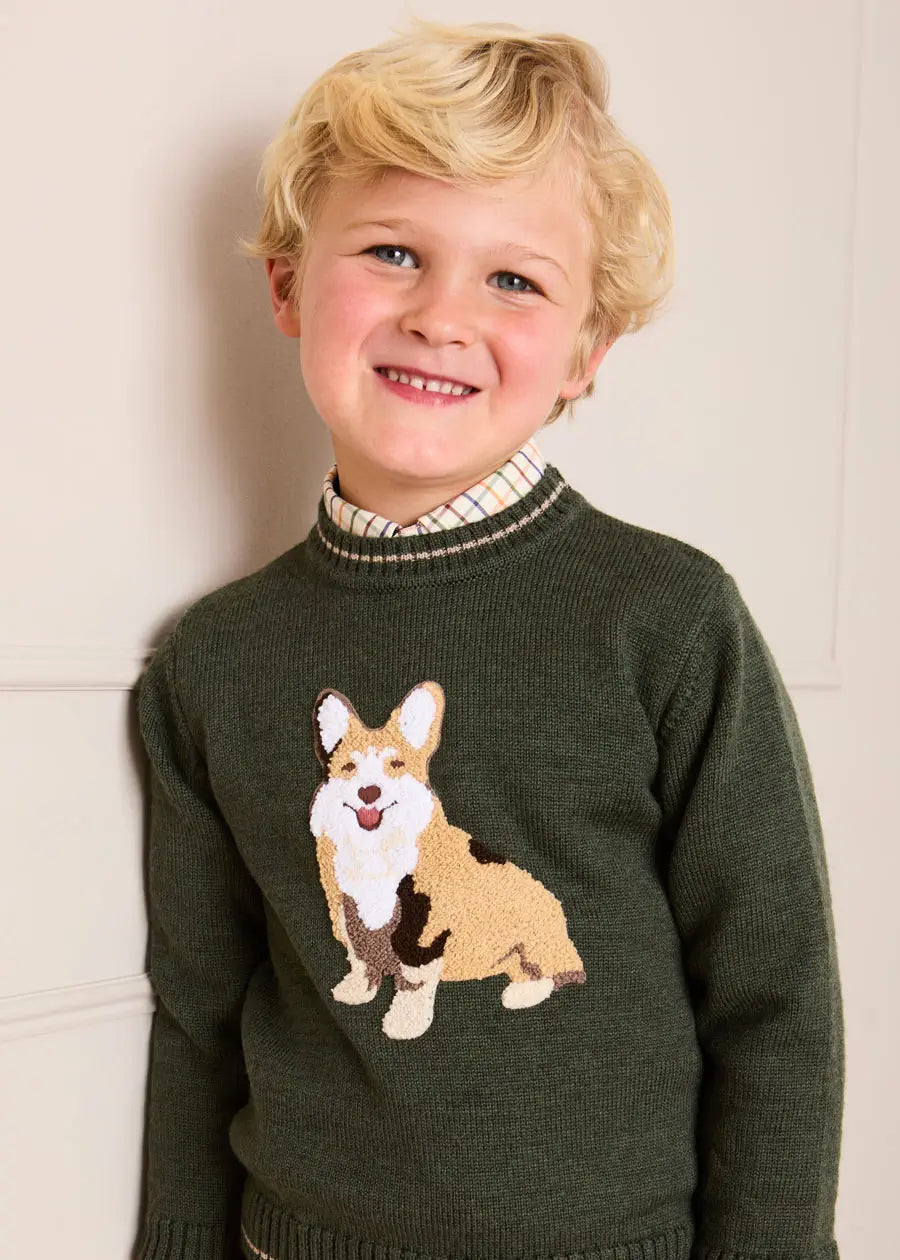 Corgi Embroidered Button Detail Jumper in Green (18mths-10yrs) Knitwear from Pepa London
