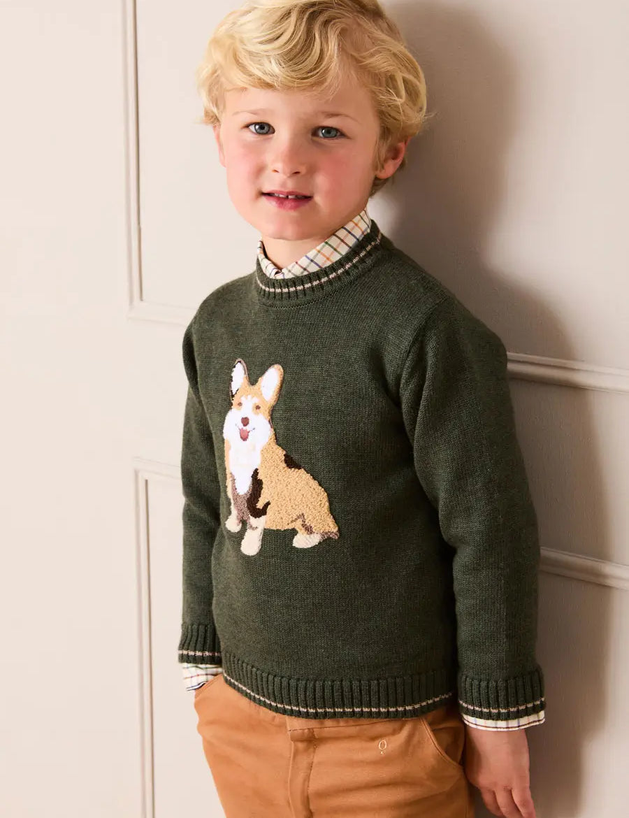 Corgi Embroidered Button Detail Jumper in Green (18mths-10yrs) Knitwear from Pepa London