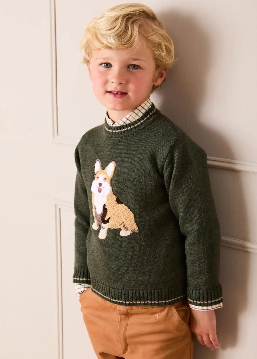 Corgi Embroidered Button Detail Jumper in Green (18mths-10yrs) Knitwear from Pepa London