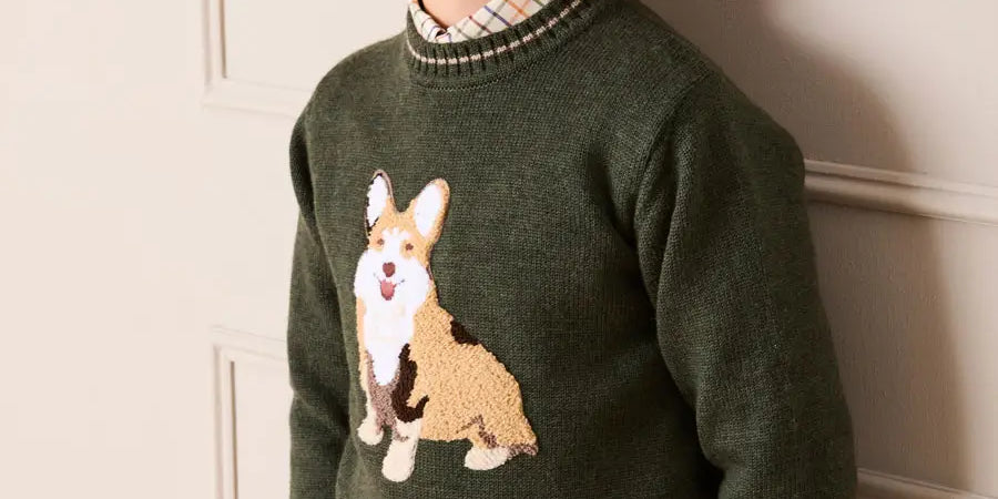 Corgi Embroidered Button Detail Jumper in Green (18mths-10yrs) Knitwear from Pepa London