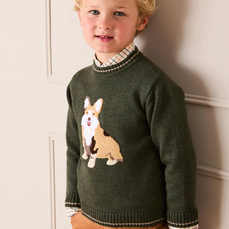 Corgi Embroidered Button Detail Jumper in Green (18mths-10yrs) Knitwear from Pepa London
