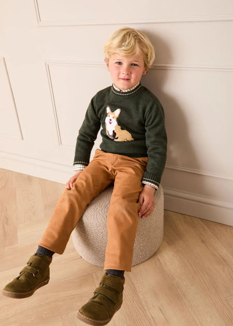Corgi Embroidered Button Detail Jumper in Green (18mths-10yrs) Knitwear from Pepa London
