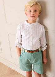 Hampton Stripe Mao Collar Shirt in Green (3- 10yrs) Shirts from Pepa London