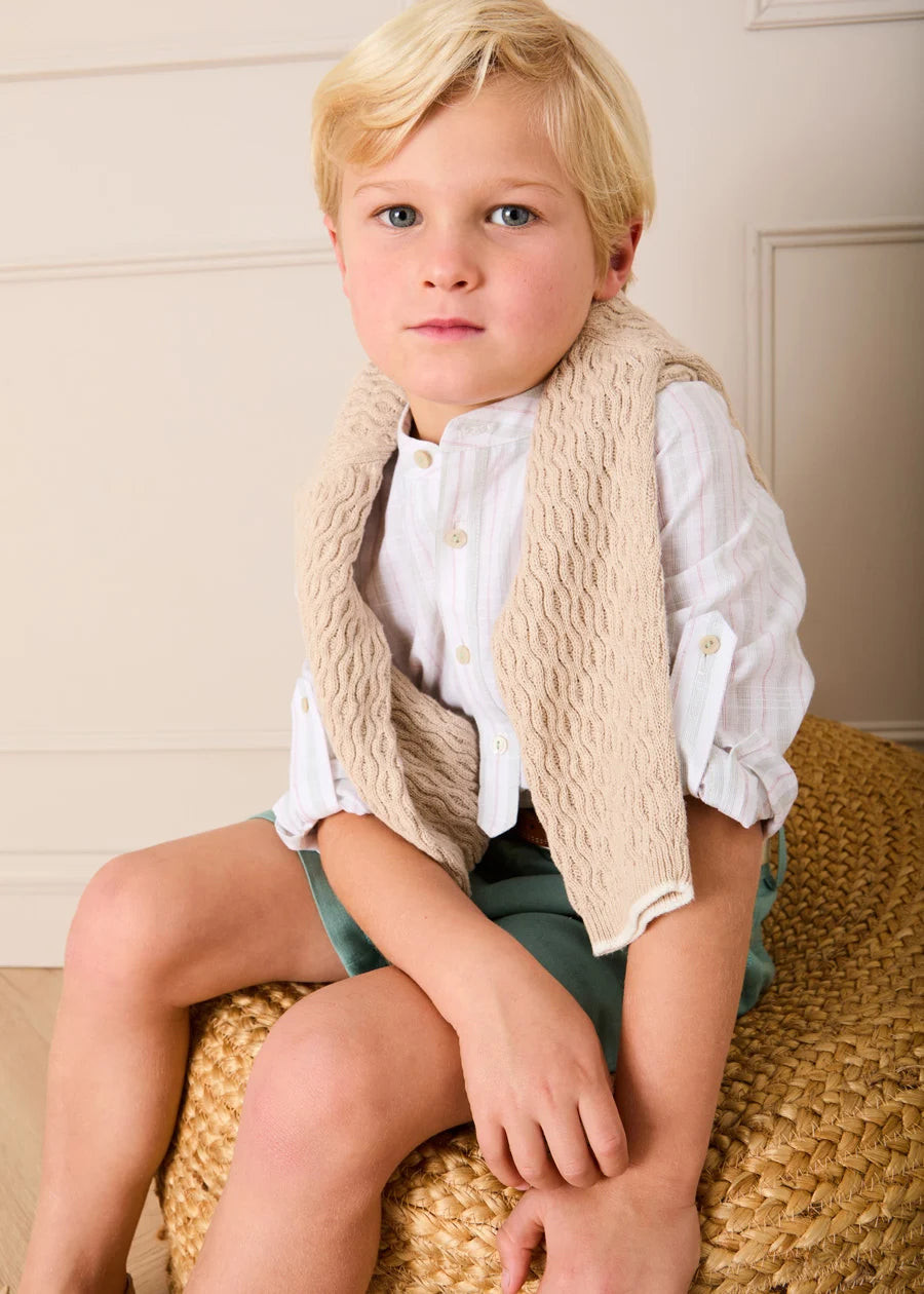 Hampton Stripe Mao Collar Shirt in Green (3- 10yrs) Shirts from Pepa London