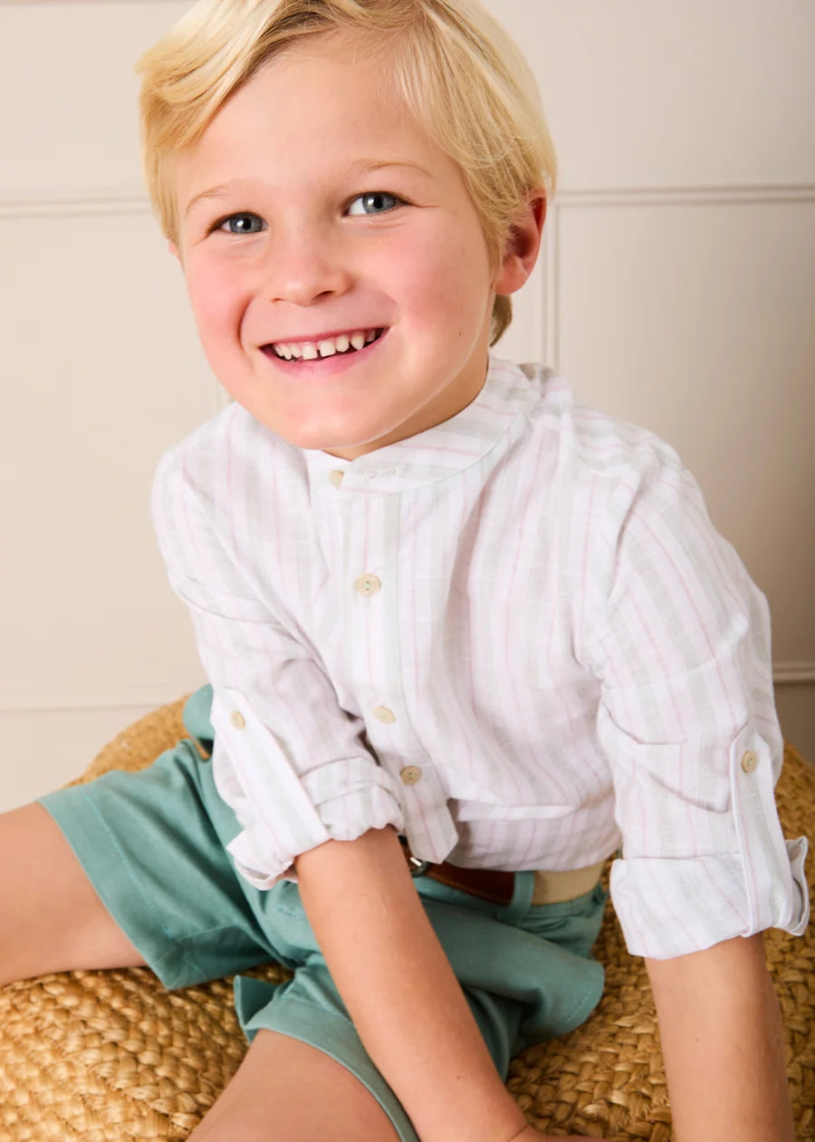 Hampton Stripe Mao Collar Shirt in Green (3- 10yrs) Shirts from Pepa London