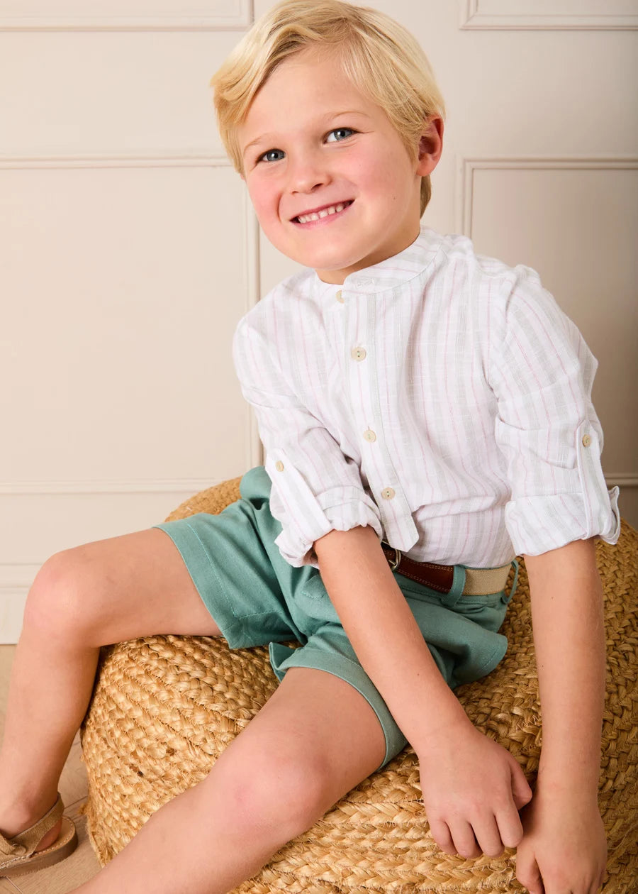 Hampton Stripe Mao Collar Shirt in Green (3- 10yrs) Shirts from Pepa London