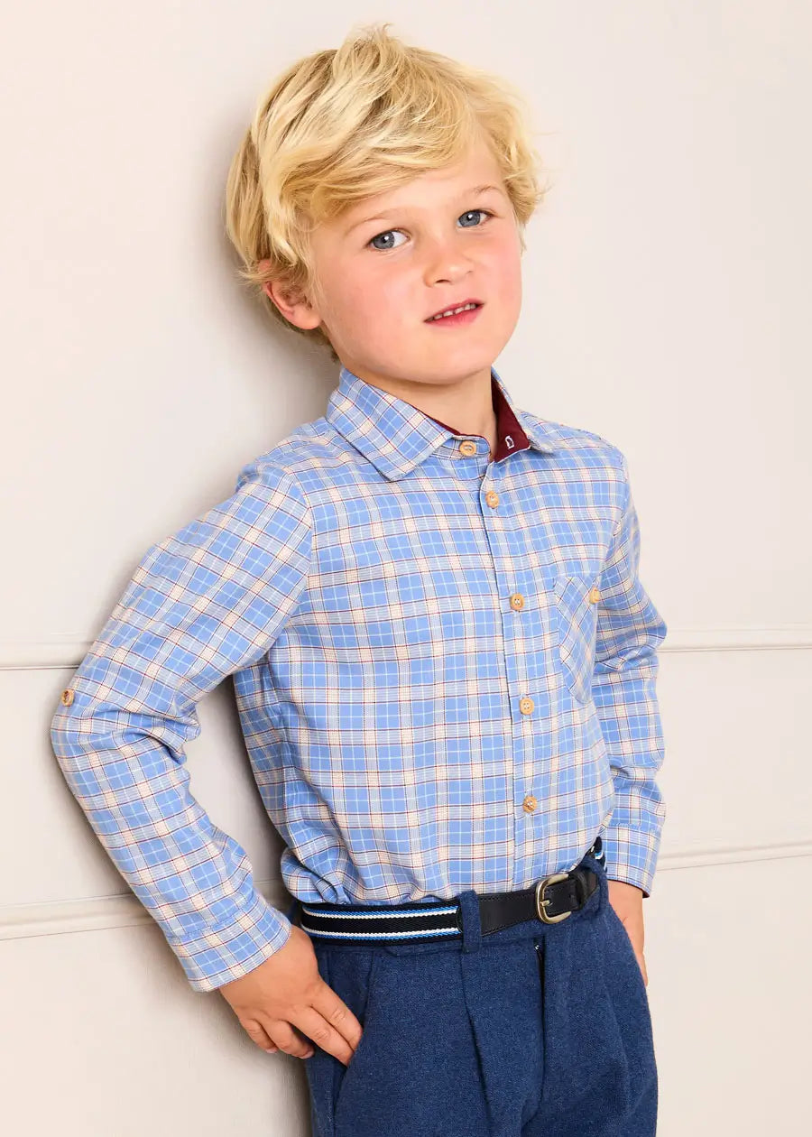 Denby Check Polo Collar Long Sleeve Shirt in Blue (3-10yrs) Shirts from Pepa London
