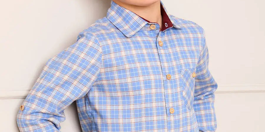 Denby Check Polo Collar Long Sleeve Shirt in Blue (3-10yrs) Shirts from Pepa London