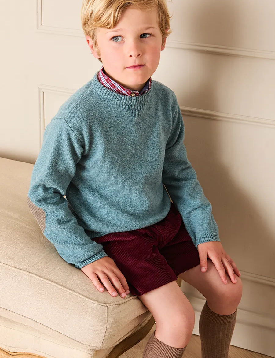 Crewneck Knitted Elbow Patch Detail Jumper in Blue (3-10yrs) Knitwear from Pepa London