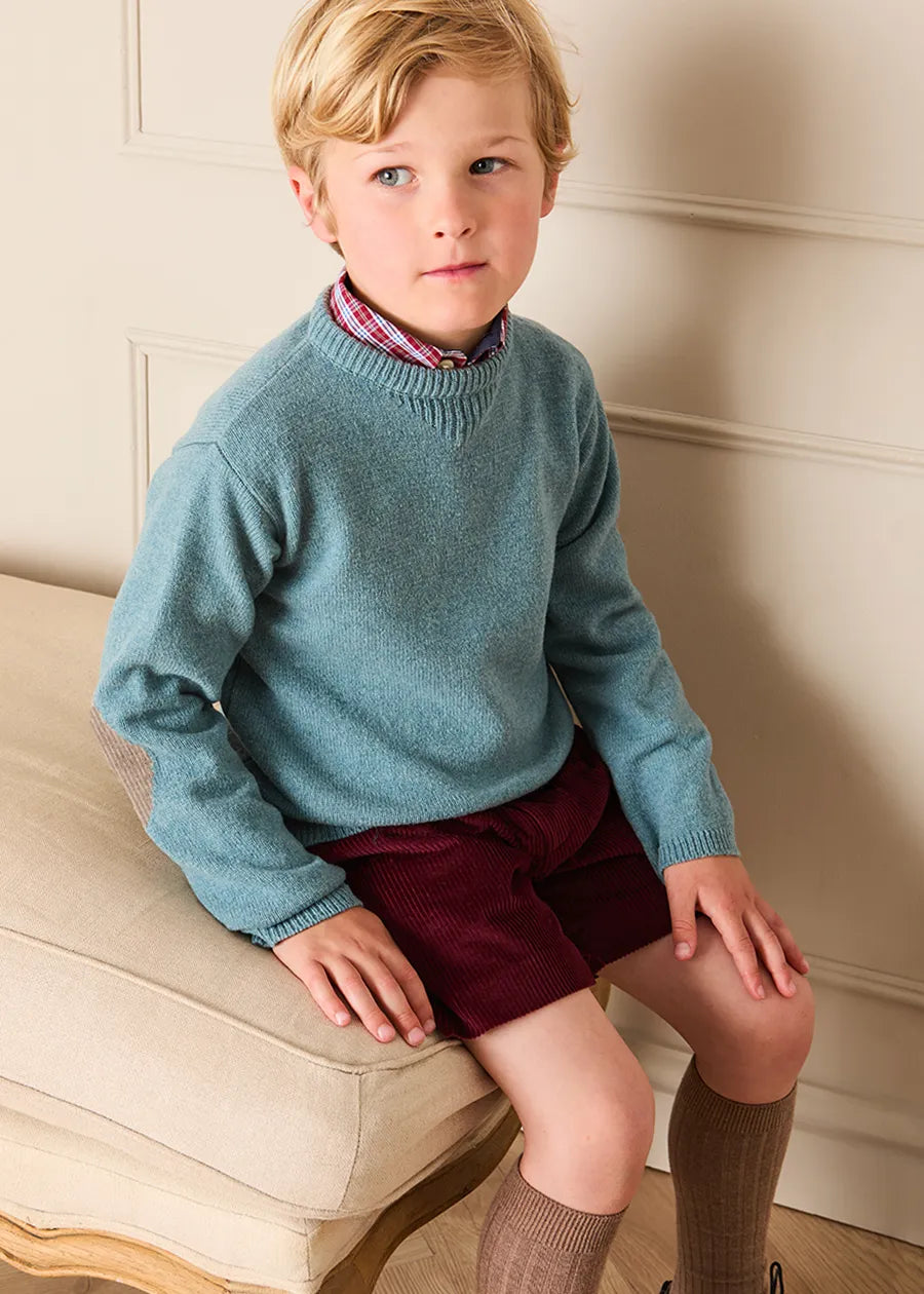 Crewneck Knitted Elbow Patch Detail Jumper in Blue (3-10yrs) Knitwear from Pepa London