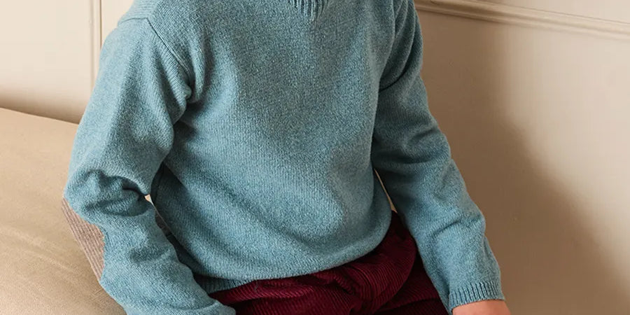 Crewneck Knitted Elbow Patch Detail Jumper in Blue (3-10yrs) Knitwear from Pepa London