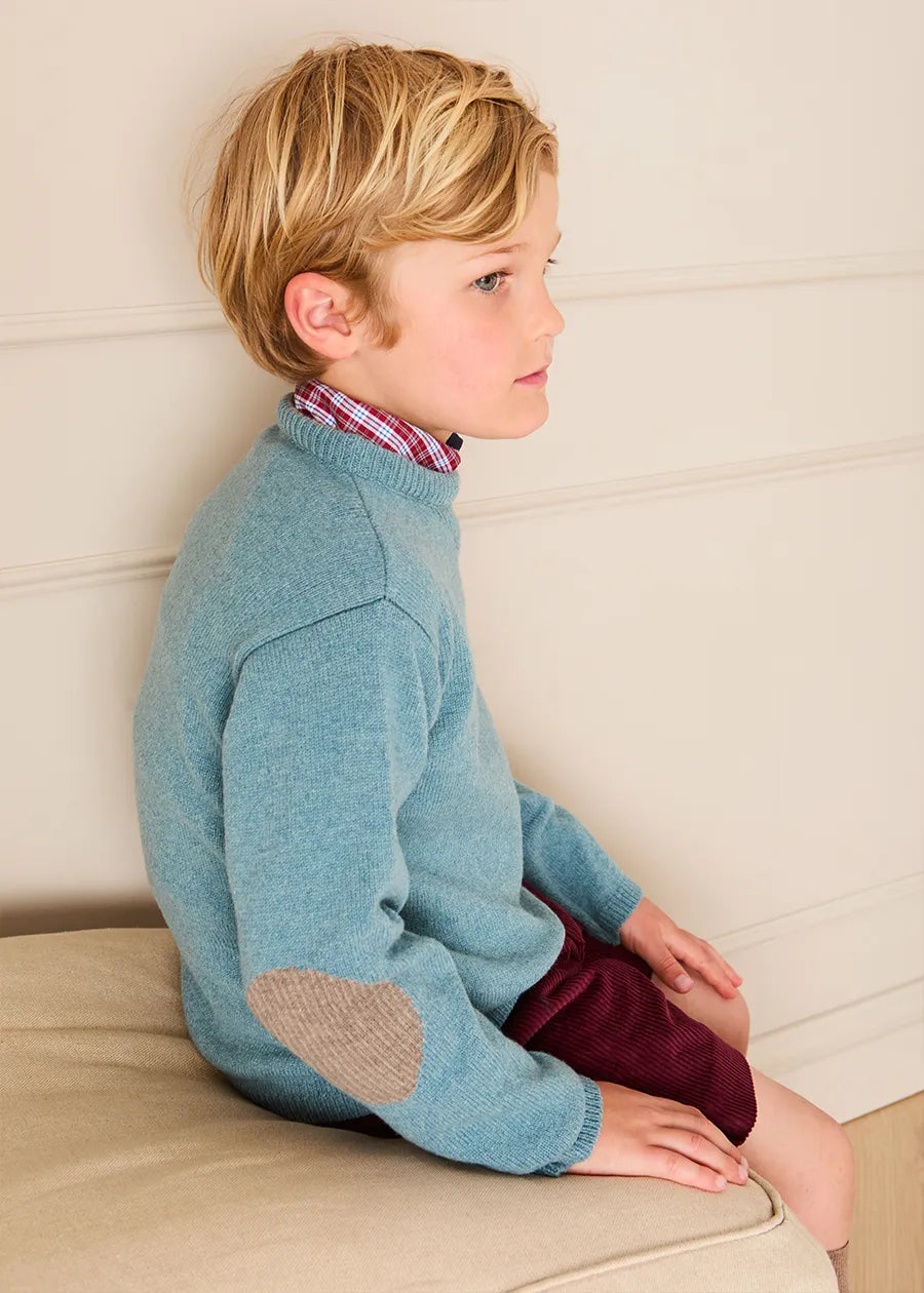 Crewneck Knitted Elbow Patch Detail Jumper in Blue (3-10yrs) Knitwear from Pepa London