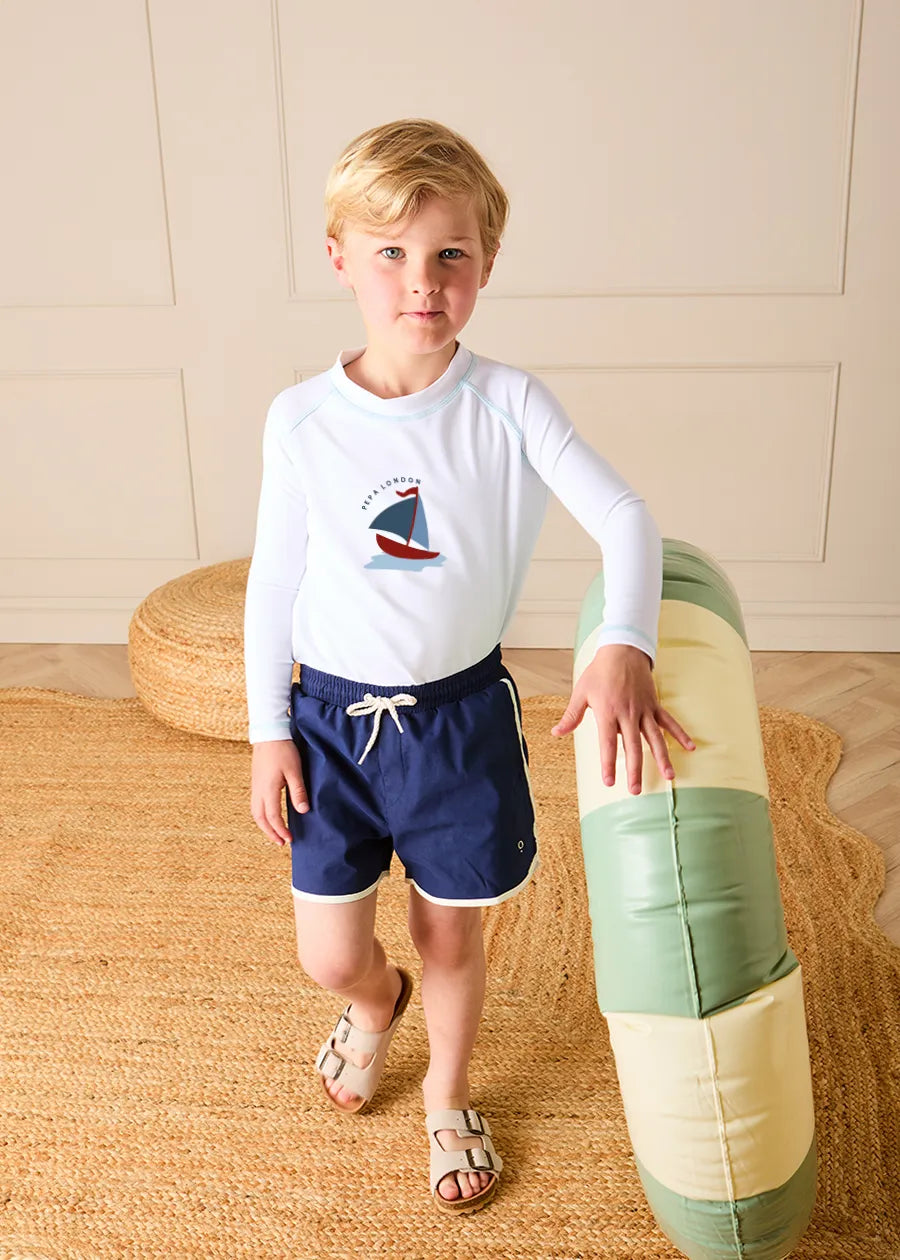 Boat Motif Rashguard in White (2-10yrs) Swimwear from Pepa London