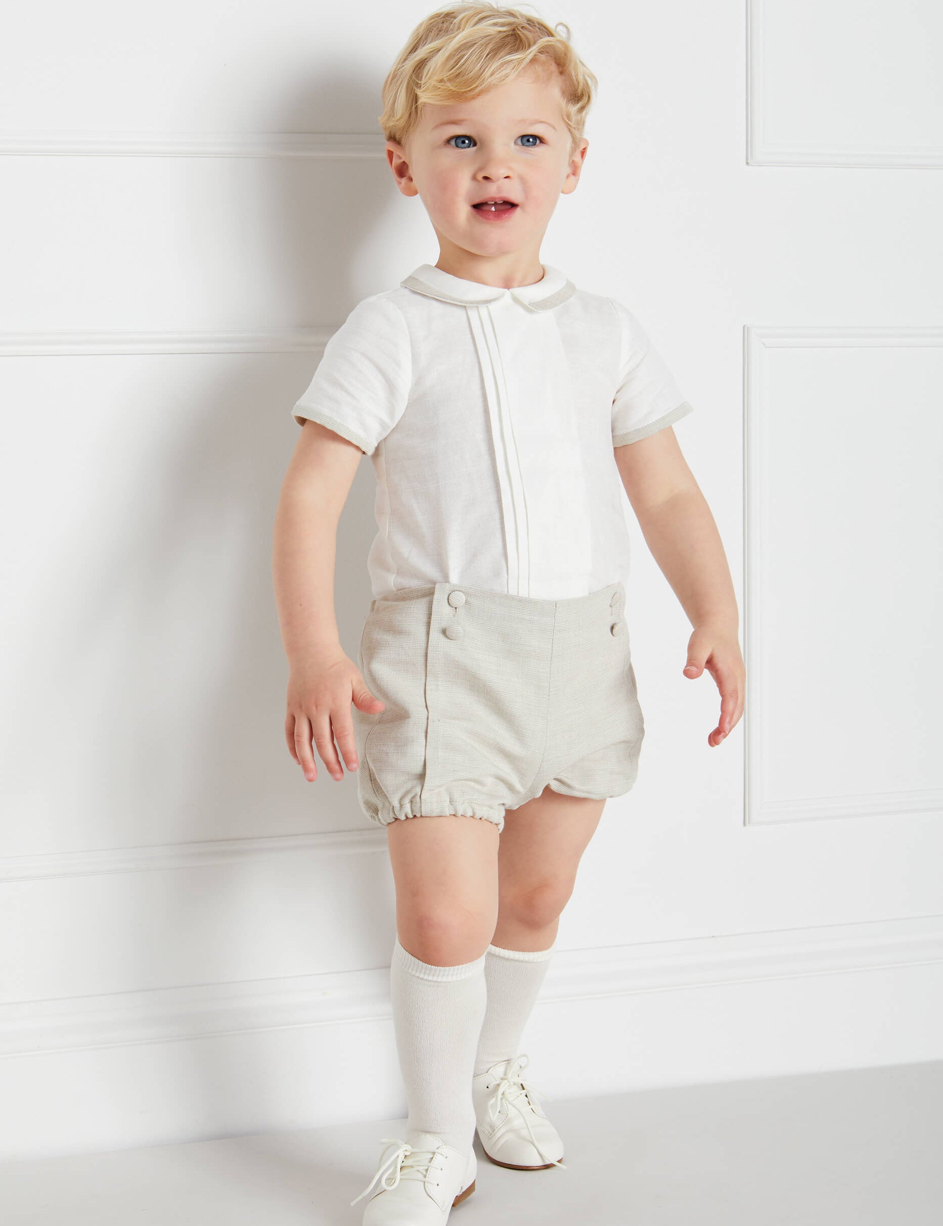 Baby Boy Celebration Beige Bloomers and Linen Shirt Set (12mths-3yrs) Sets  from Pepa London