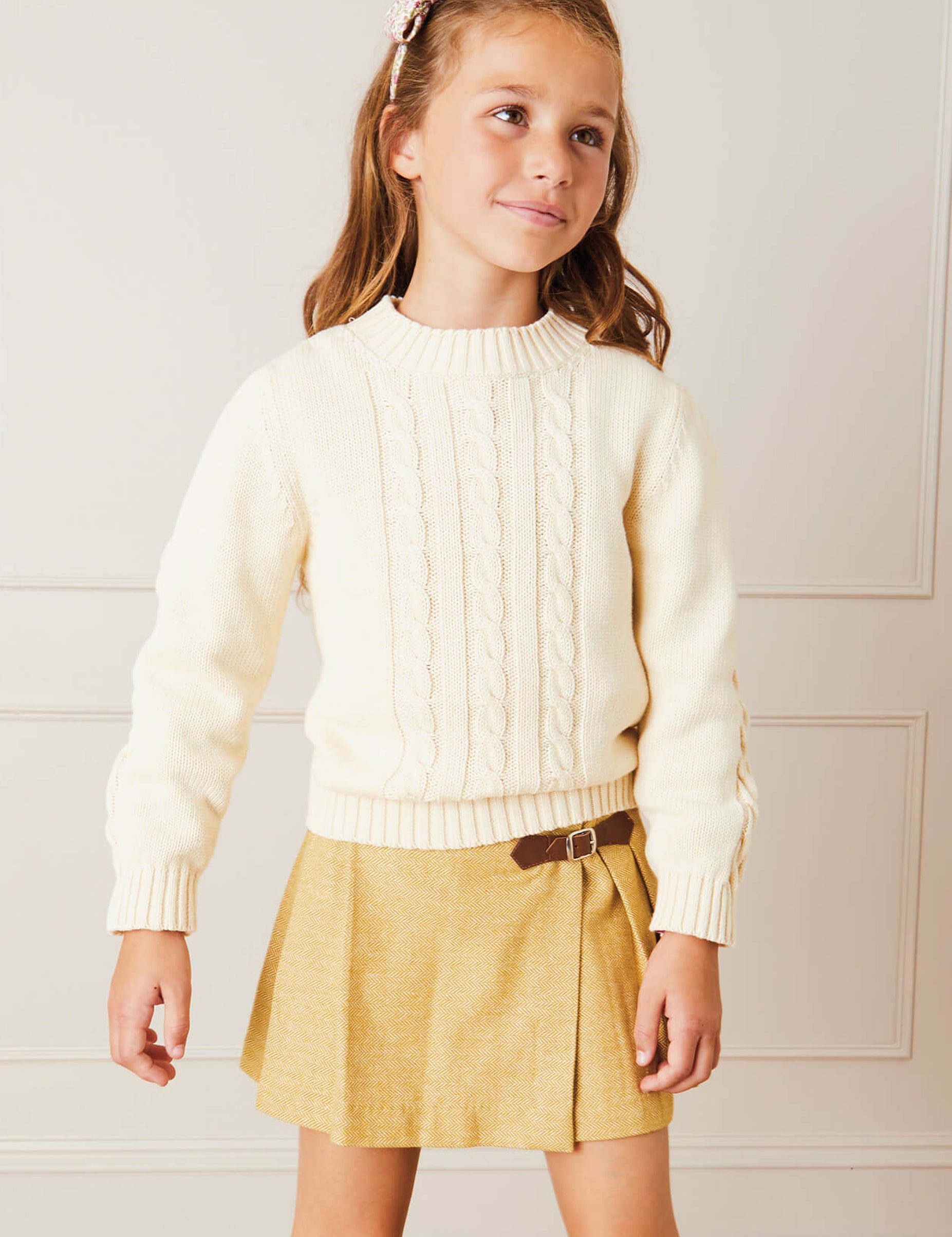 Herringbone Pleated Leather Buckled Kilt in Mustard (2-10yrs) Skirts  from Pepa London