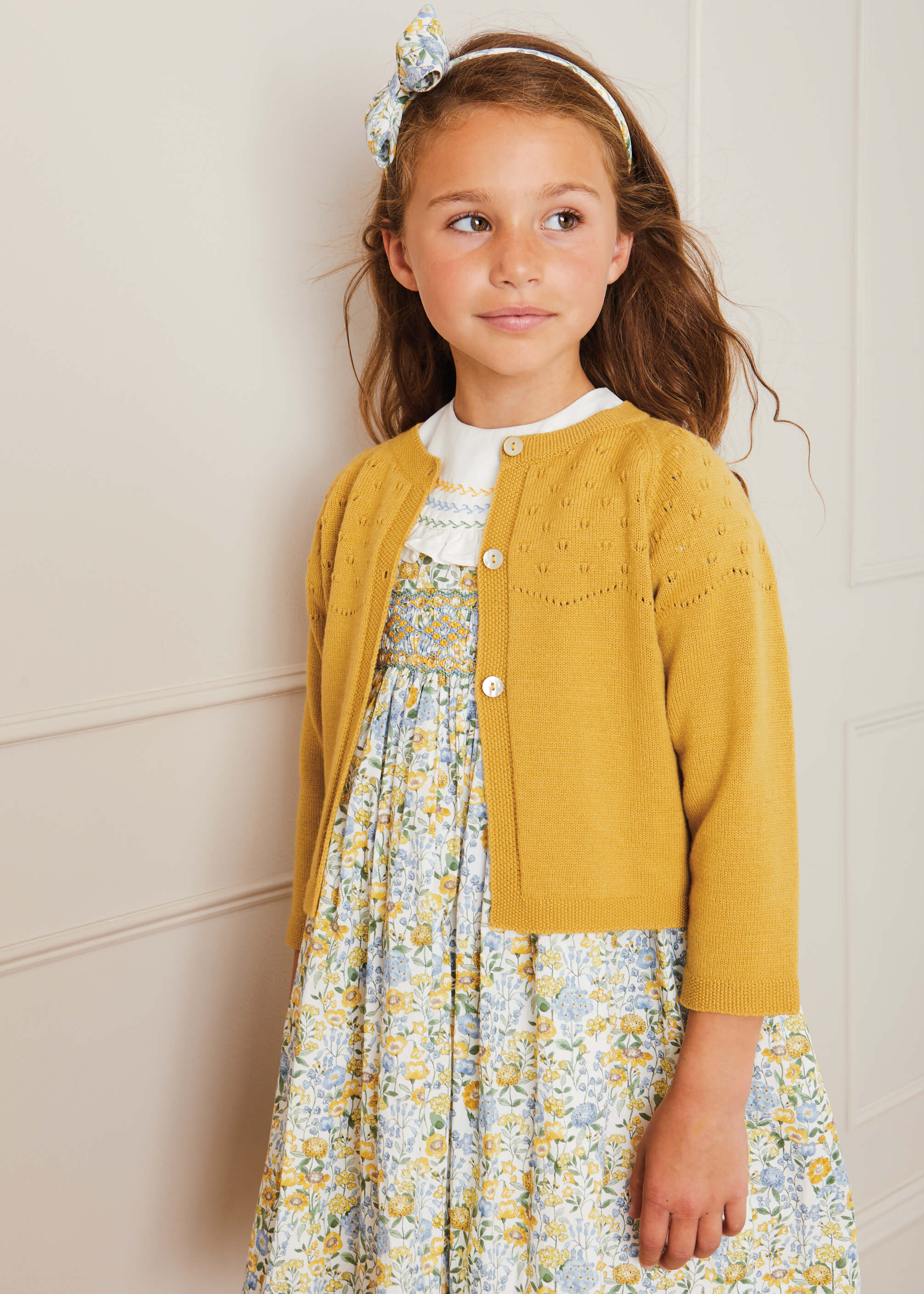 Openwork Buttoned Cardigan in Mustard (12mths-10yrs) Knitwear  from Pepa London