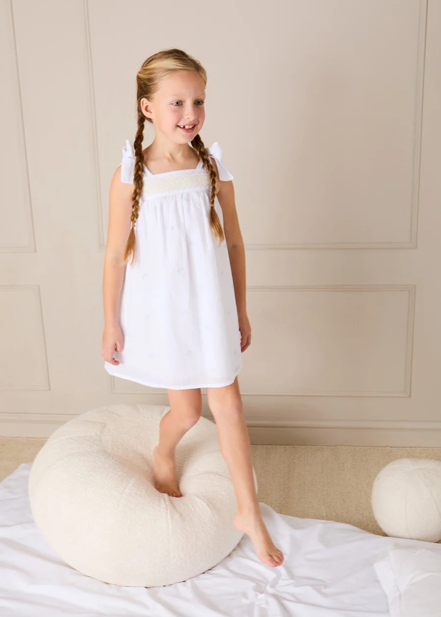 Bluebell Embroidered Bow Shoulder Tie Night Dress in White (18mths- 10yrs) Nightwear from Pepa London