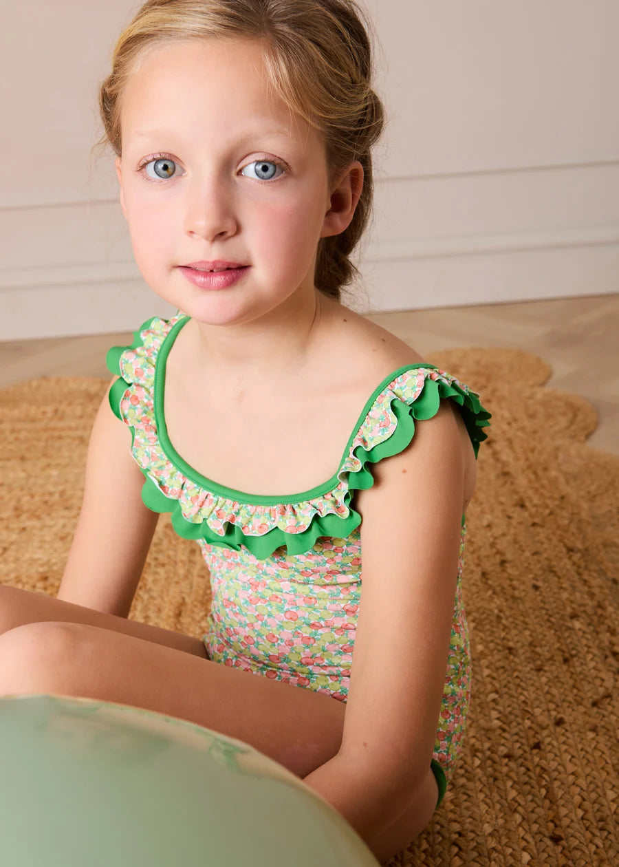 Annie Apple Print Ruffle Detail Swimsuit in Green (12mths- 10yrs) Swimwear from Pepa London