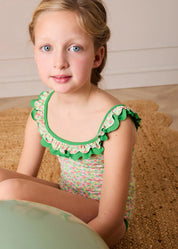 Annie Apple Print Ruffle Detail Swimsuit in Green (12mths- 10yrs) Swimwear from Pepa London