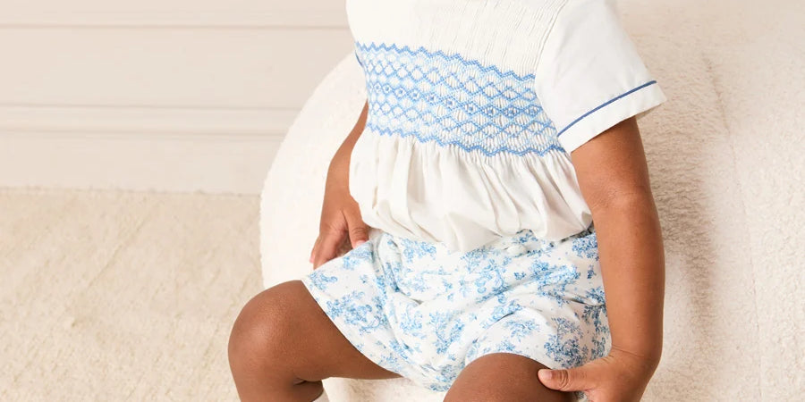 Audrey Toile Peter Pan Collar Hand Smocked Two Piece Set in Blue (6mths-3yrs) TWO PIECE SETS from Pepa London