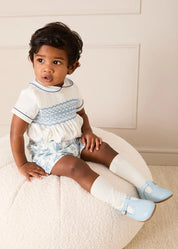 Audrey Toile Peter Pan Collar Hand Smocked Two Piece Set in Blue (6mths-3yrs) Two Piece Set from Pepa London