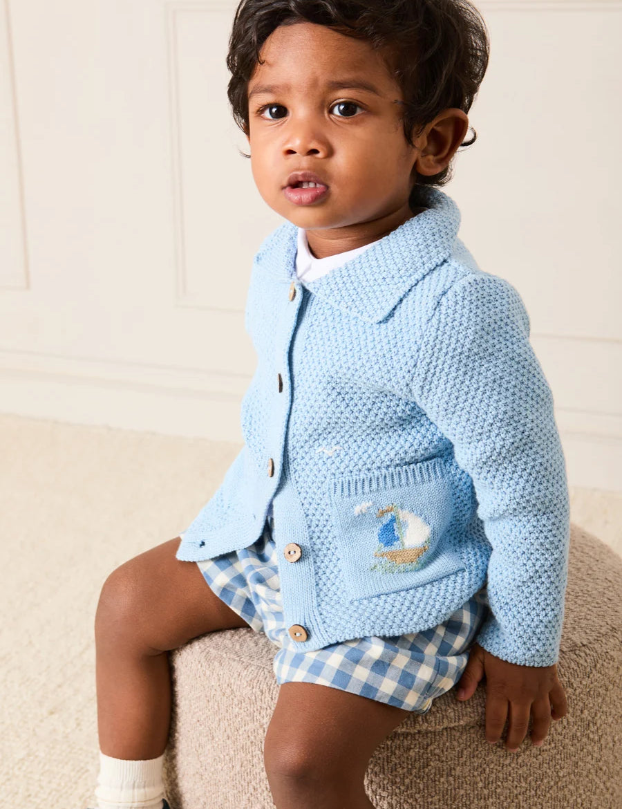Nautical Boat Embroidery Polo Collar Cardigan in Sky Blue (12mths-6yrs) Knitwear from Pepa London