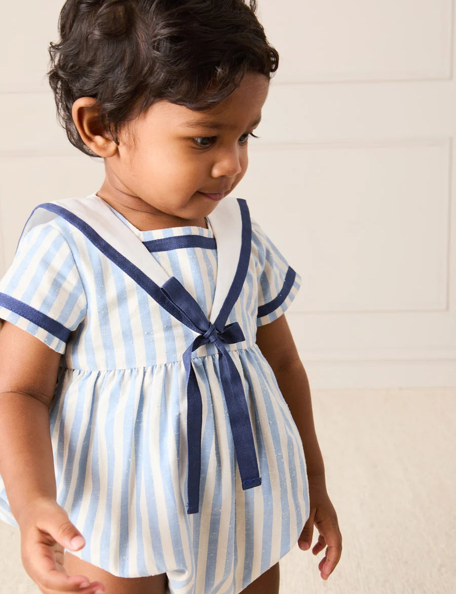 Regency Stripe Mariner Collar Bow Detail Romper in Blue (6mths-2yrs) ROMPERS from Pepa London