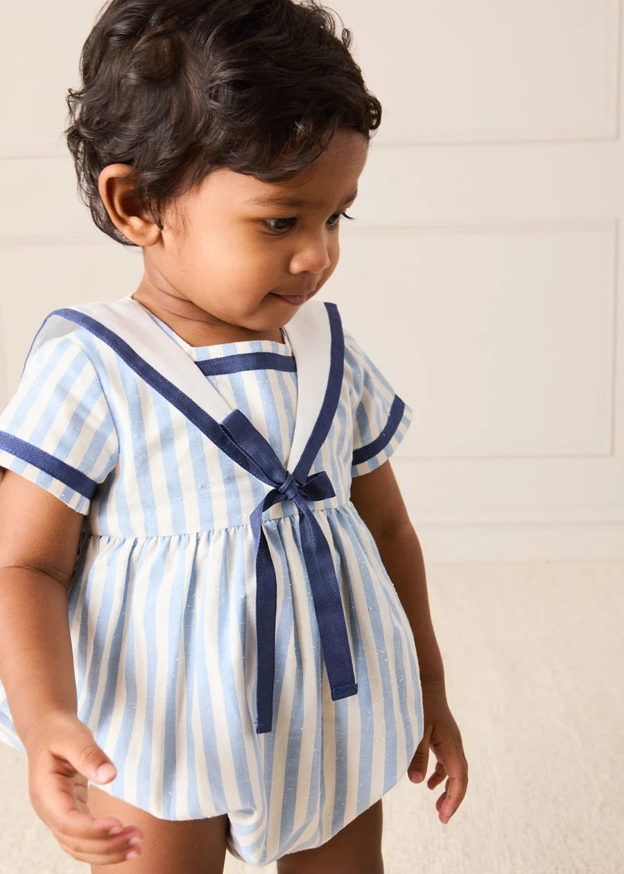 Regency Stripe Mariner Collar Bow Detail Romper in Blue (6mths-2yrs) Rompers from Pepa London